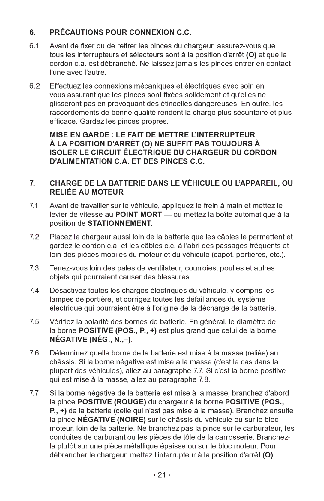 Napa Essentials 85-521 manual Précautions Pour Connexion C.C 