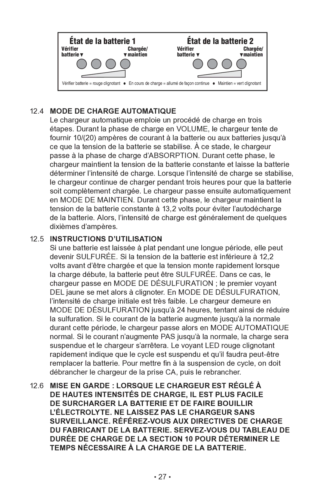 Napa Essentials 85-521 manual État de la batterie, Mode DE Charge Automatique 