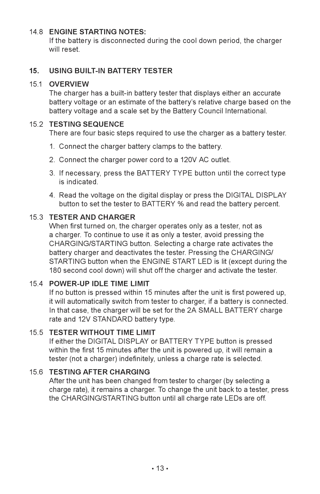 Napa Essentials 85-640 Engine Starting Notes, Using BUILT-IN Battery Tester Overview, Testing Sequence, Tester and Charger 