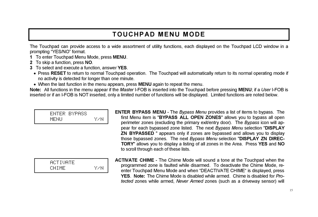 Napco Security Technologies F-64TPBR manual Touchpad Menu Mode 