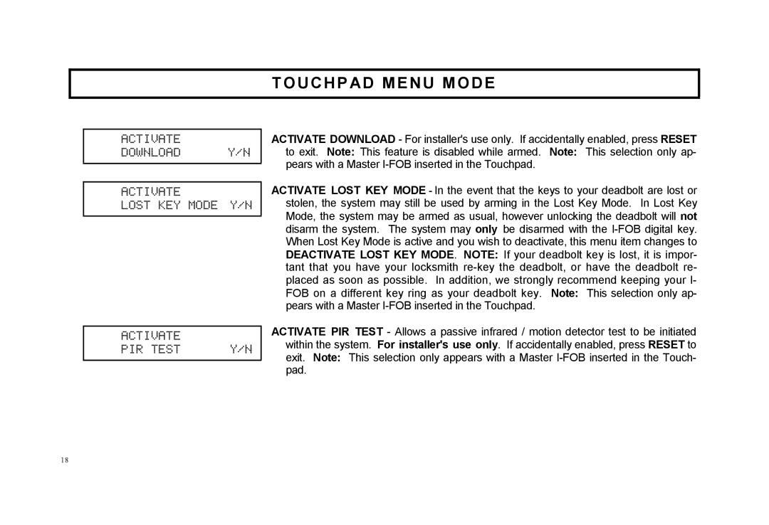 Napco Security Technologies F-64TPBR manual Activate Download Y/N Lost KEY Mode Y/N PIR Test 