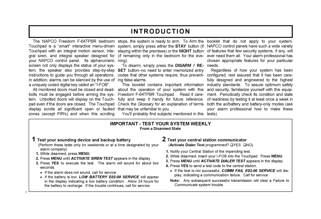 Napco Security Technologies F-64TPBR manual Introduction 