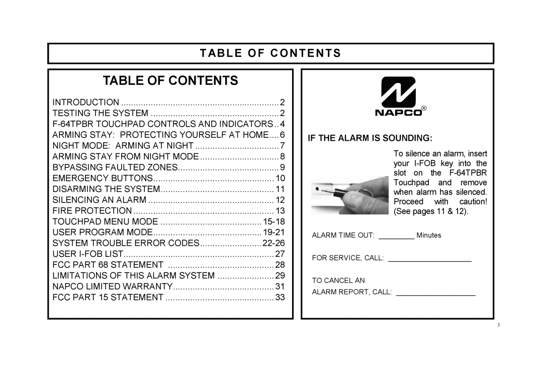 Napco Security Technologies F-64TPBR manual Table of Contents 