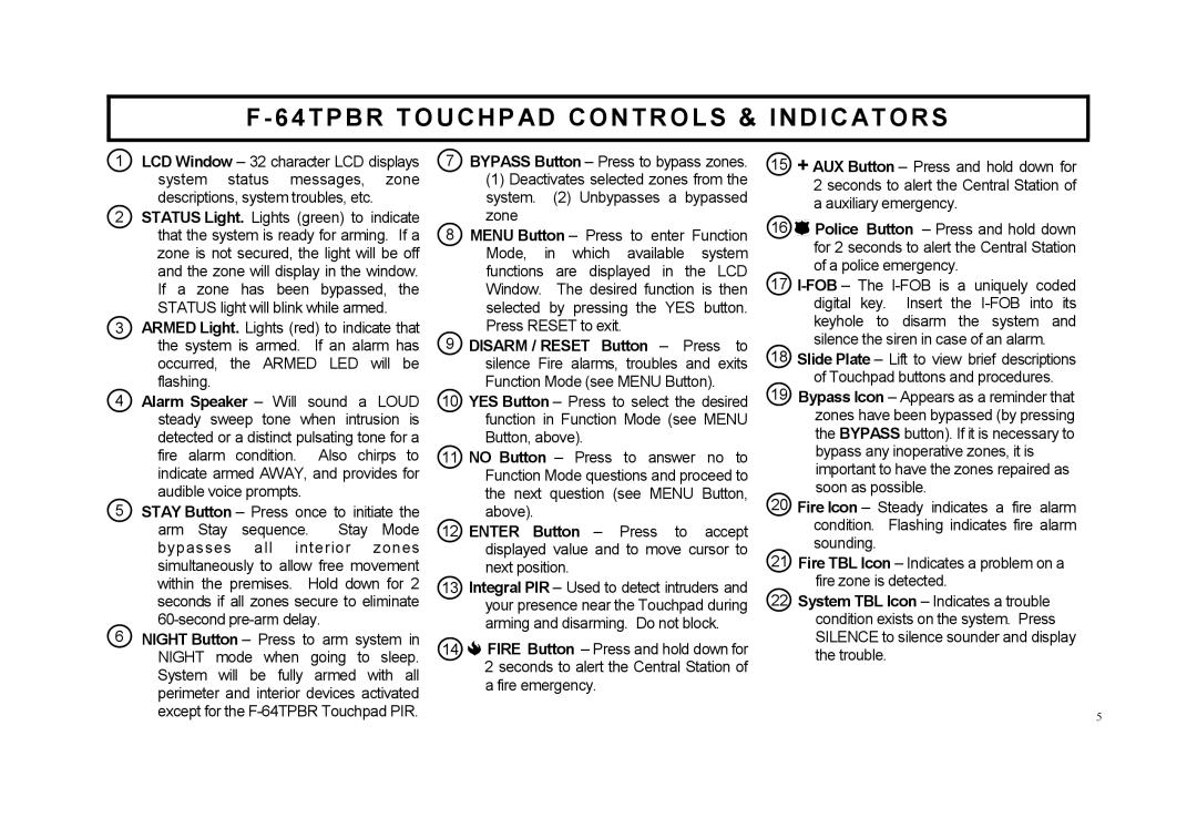 Napco Security Technologies F-64TPBR manual 64TPBR Touchpad Controls & Indicators 