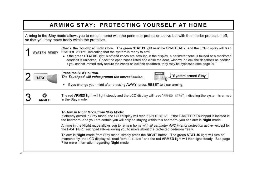 Napco Security Technologies F-64TPBR manual Arming Stay Protecting Yourself AT Home 