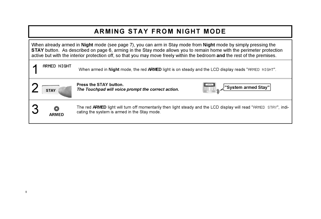 Napco Security Technologies F-64TPBR manual Arming Stay from Night Mode 