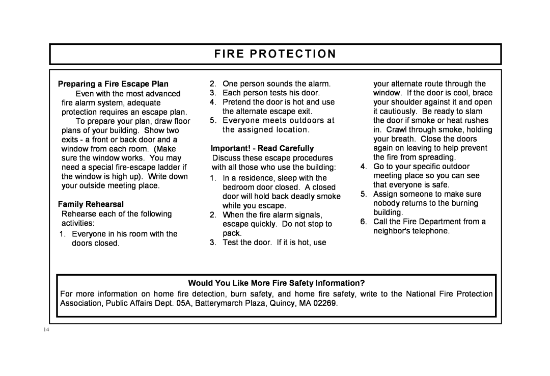 Napco Security Technologies F-64TPBR manual Fire Protection, Preparing a Fire Escape Plan, Family Rehearsal 