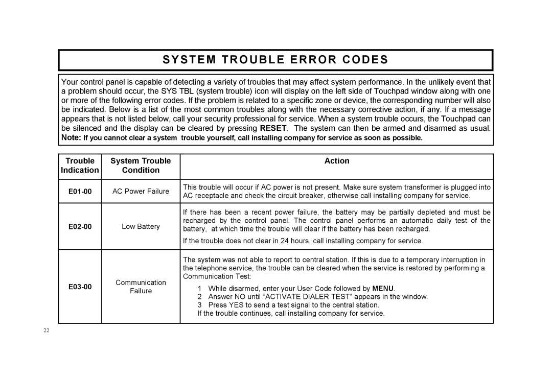 Napco Security Technologies F-64TPBR System Trouble Error Codes, Action, Indication, Condition, E01-00, E02-00, E03-00 
