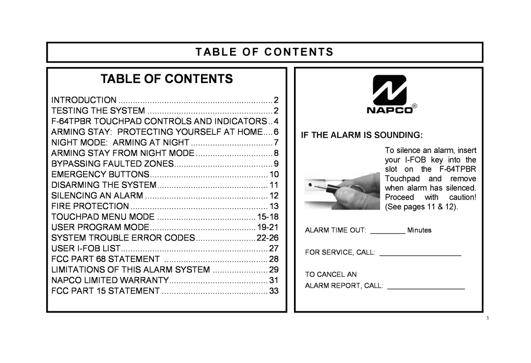 Napco Security Technologies F-64TPBR manual Table Of Contents, If The Alarm Is Sounding 