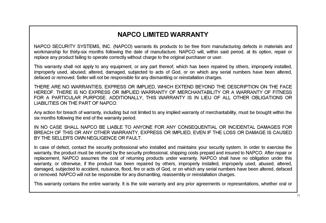 Napco Security Technologies F-64TPBR manual 
