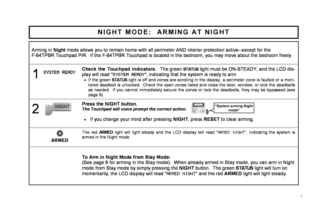 Napco Security Technologies F-64TPBR manual Night Mode Arming At Night 