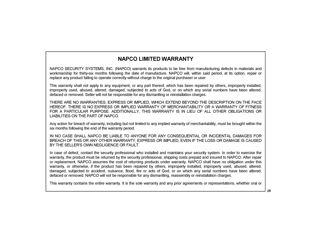 Napco Security Technologies F-TPG manual Napco Limited Warranty 