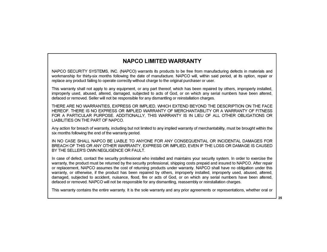 Napco Security Technologies F-TPG manual Napco Limited Warranty 