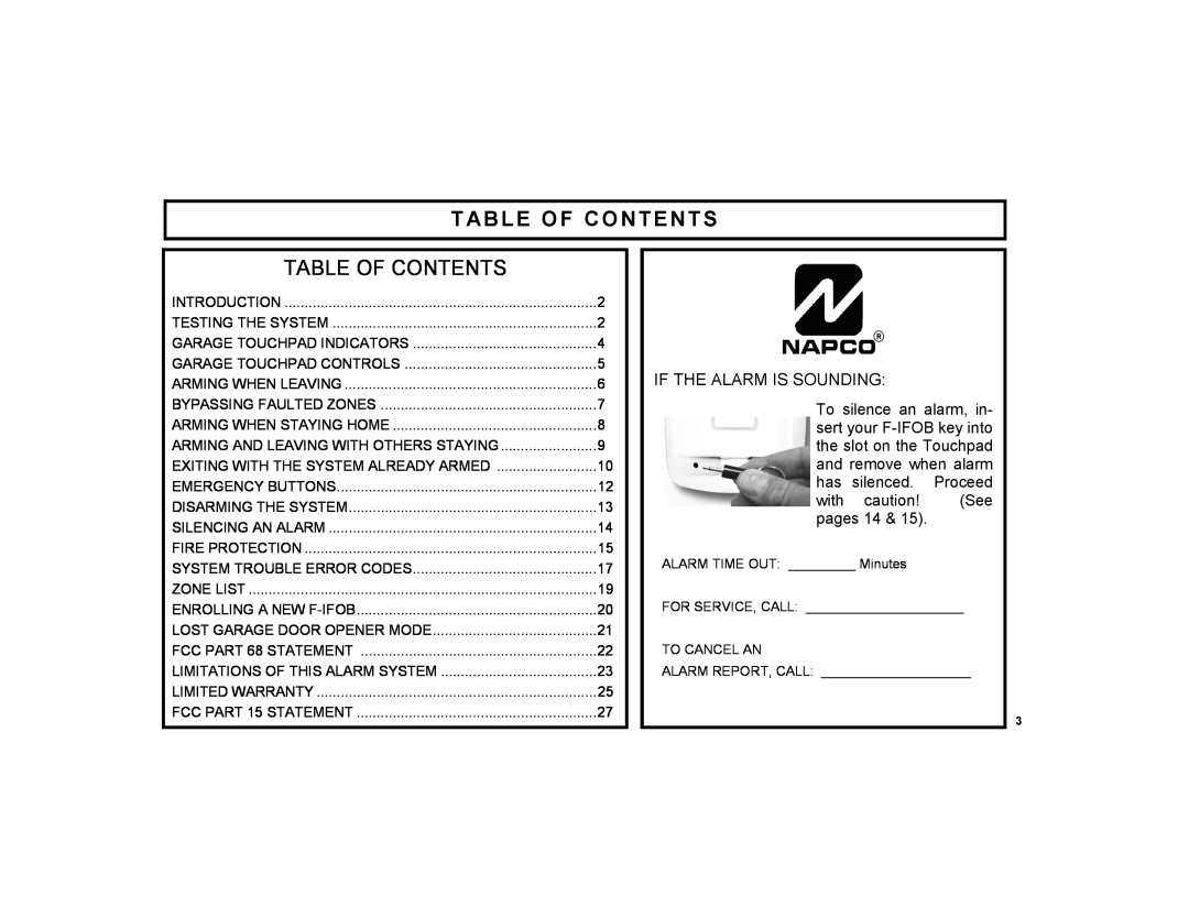 Napco Security Technologies F-TPG manual Table Of Contents, with caution! See pages, If The Alarm Is Sounding 