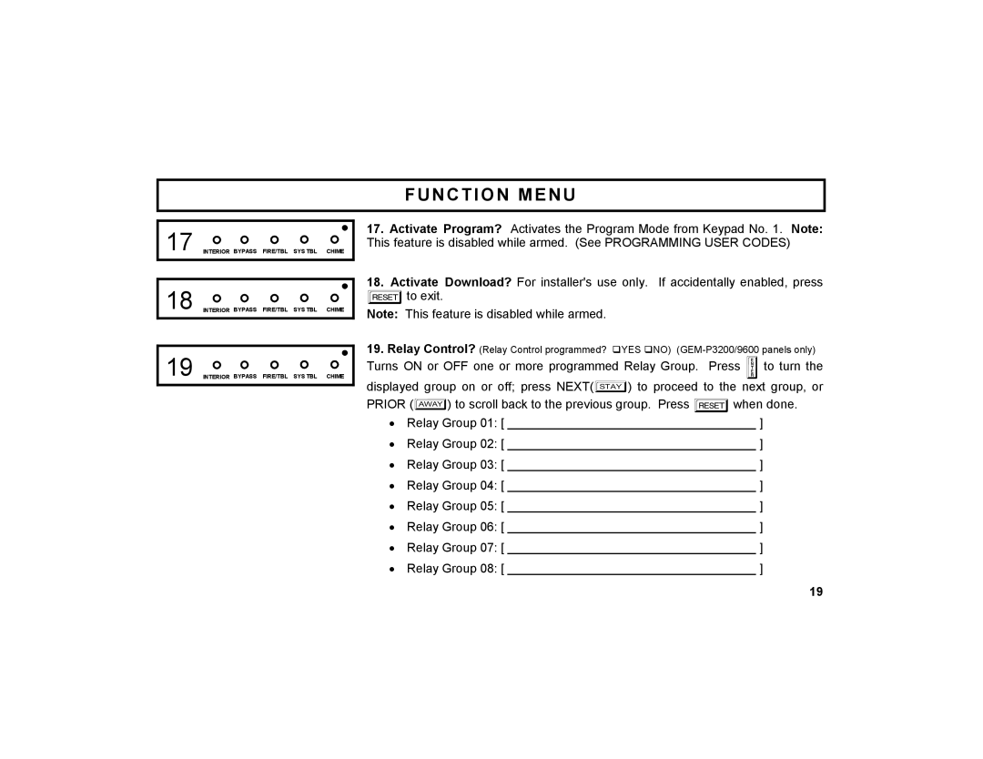 Napco Security Technologies GEM-DXK3 manual Function Menu 