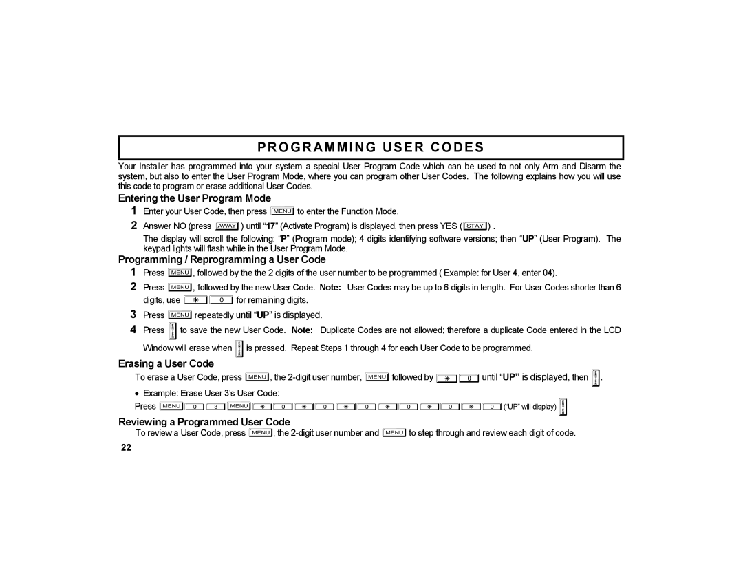 Napco Security Technologies GEM-DXK3 manual Programming User Codes, Entering the User Program Mode, Erasing a User Code 