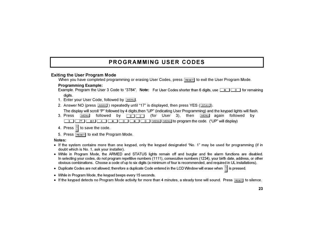 Napco Security Technologies GEM-DXK3 manual Exiting the User Program Mode, Programming Example 
