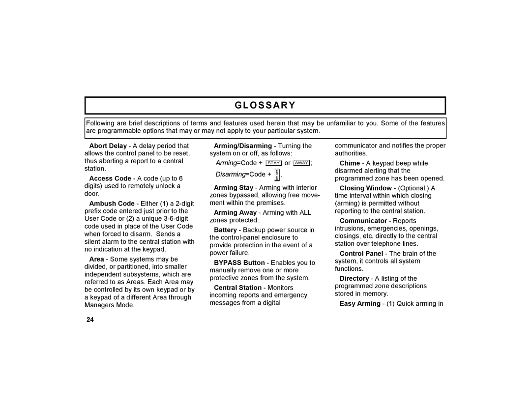 Napco Security Technologies GEM-DXK3 manual Glossary, Arming/Disarming Turning the system on or off, as follows 