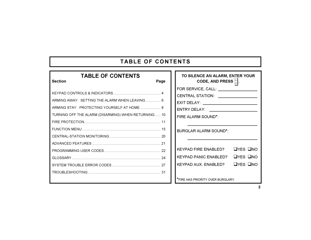 Napco Security Technologies GEM-DXK3 manual Table of Contents 