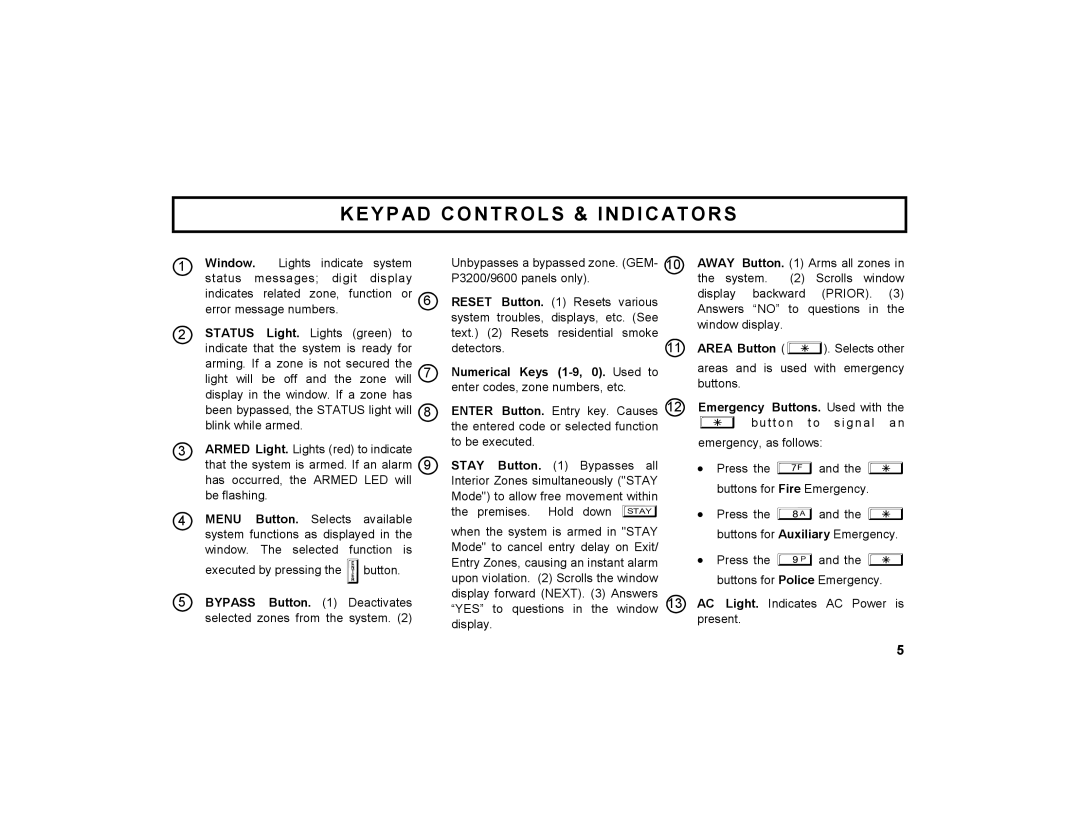 Napco Security Technologies GEM-DXK3 manual Keypad Controls & Indicators 