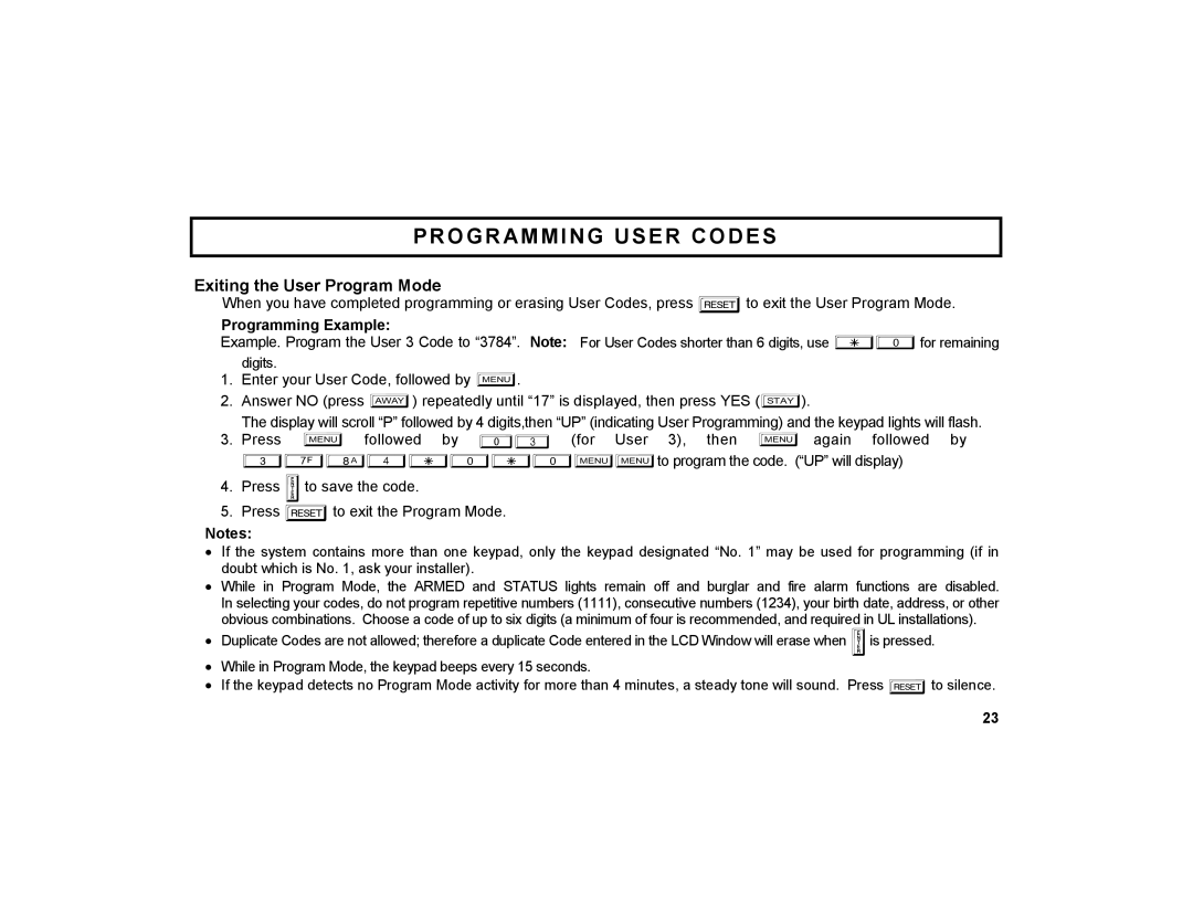 Napco Security Technologies GEM-DXK3 manual Exiting the User Program Mode, Programming User Codes, Programming Example 