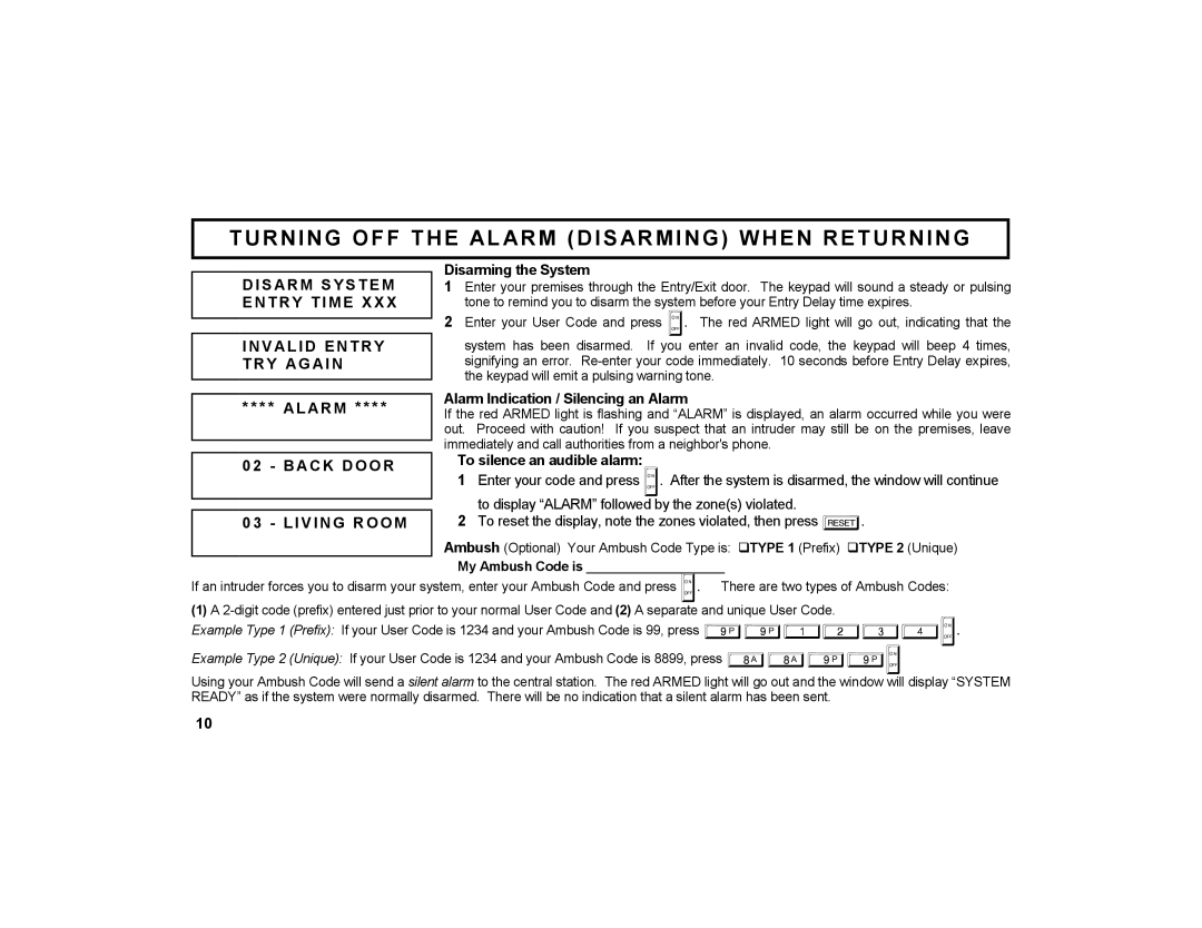 Napco Security Technologies GEM-DXRP1 manual Turning OFF the AL ARM Disarming When Returning, Al Ar M 