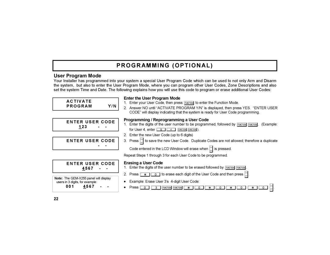 Napco Security Technologies GEM-DXRP1 Programming Optional, Ac Ti V Ate Ogr Am Te R U S Er C O De, Erasing a User Code 