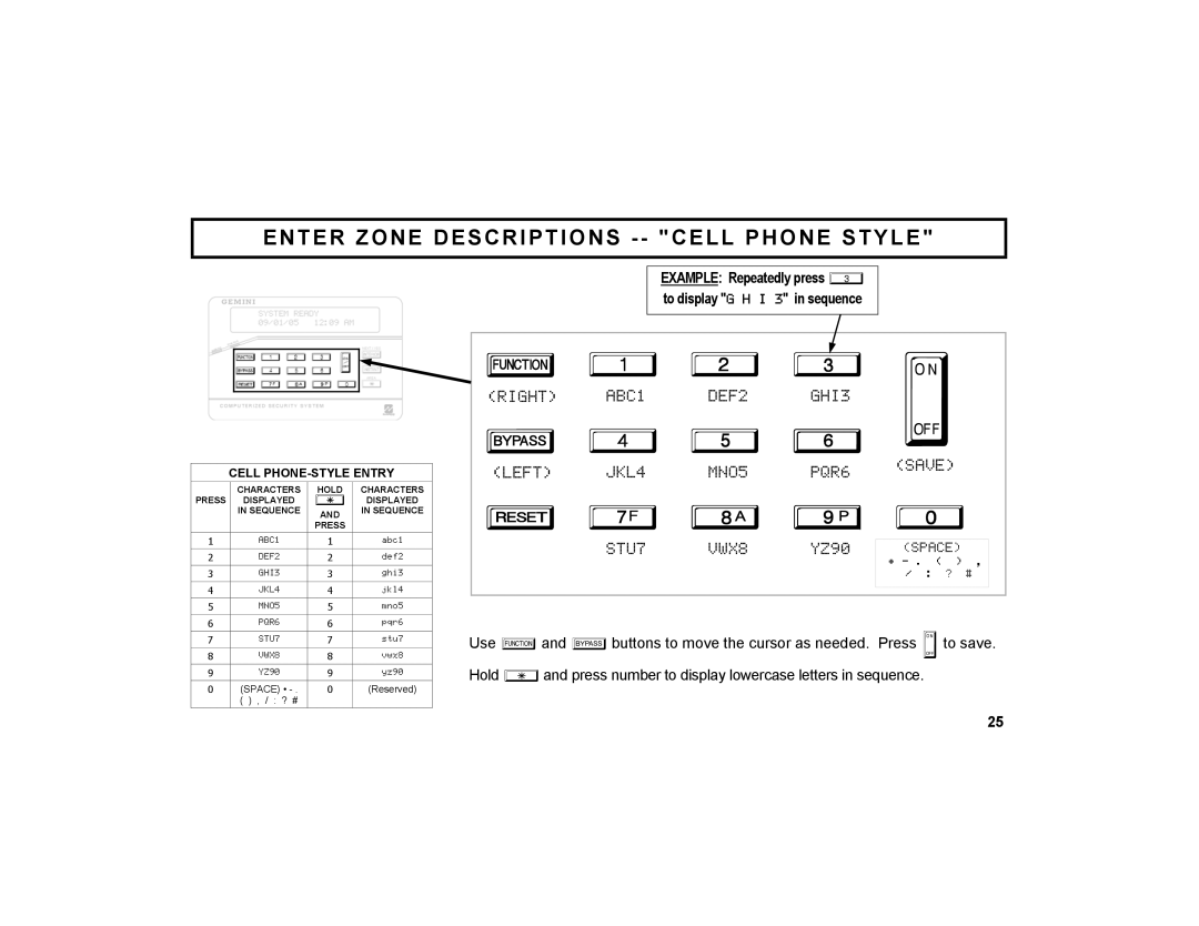 Napco Security Technologies GEM-DXRP1 manual Enter Zone Descriptions -- Cell Phone Style 