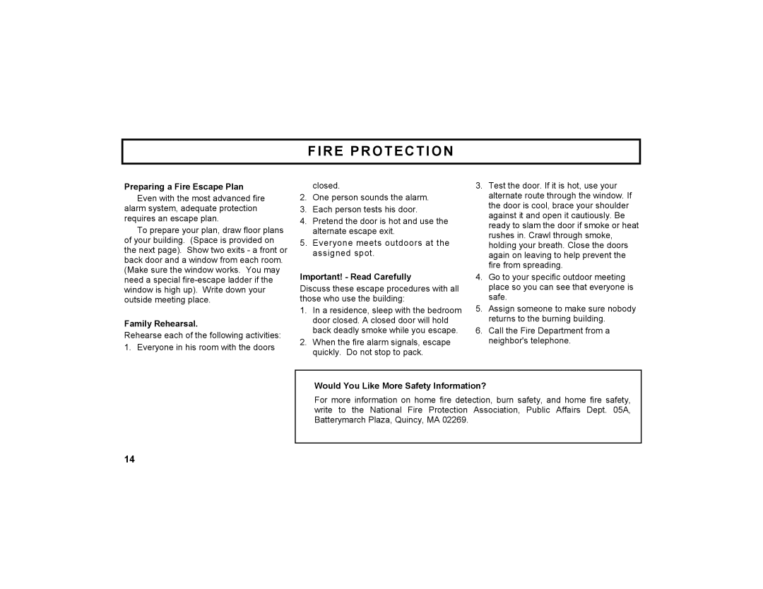 Napco Security Technologies GEM-DXRP2 manual Preparing a Fire Escape Plan, Family Rehearsal, Important! Read Carefully 