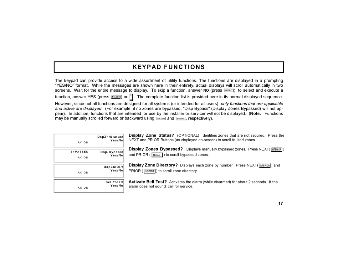 Napco Security Technologies GEM-DXRP2 manual Keypad Functions 