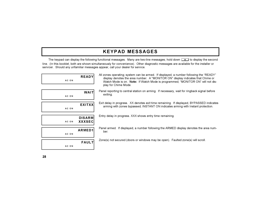 Napco Security Technologies GEM-DXRP2 manual Keypad Messages, Wait, Exitxx, ARMED1 