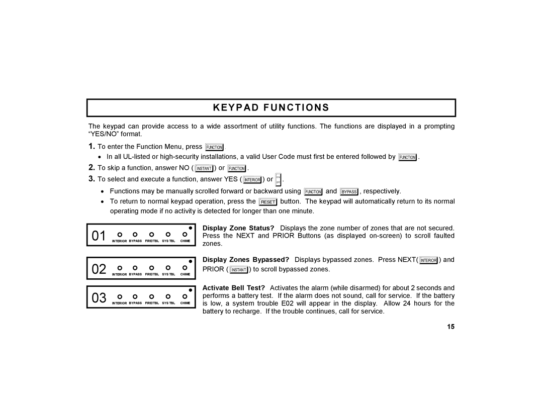 Napco Security Technologies GEM-DXRP3 manual Keypad Functions 