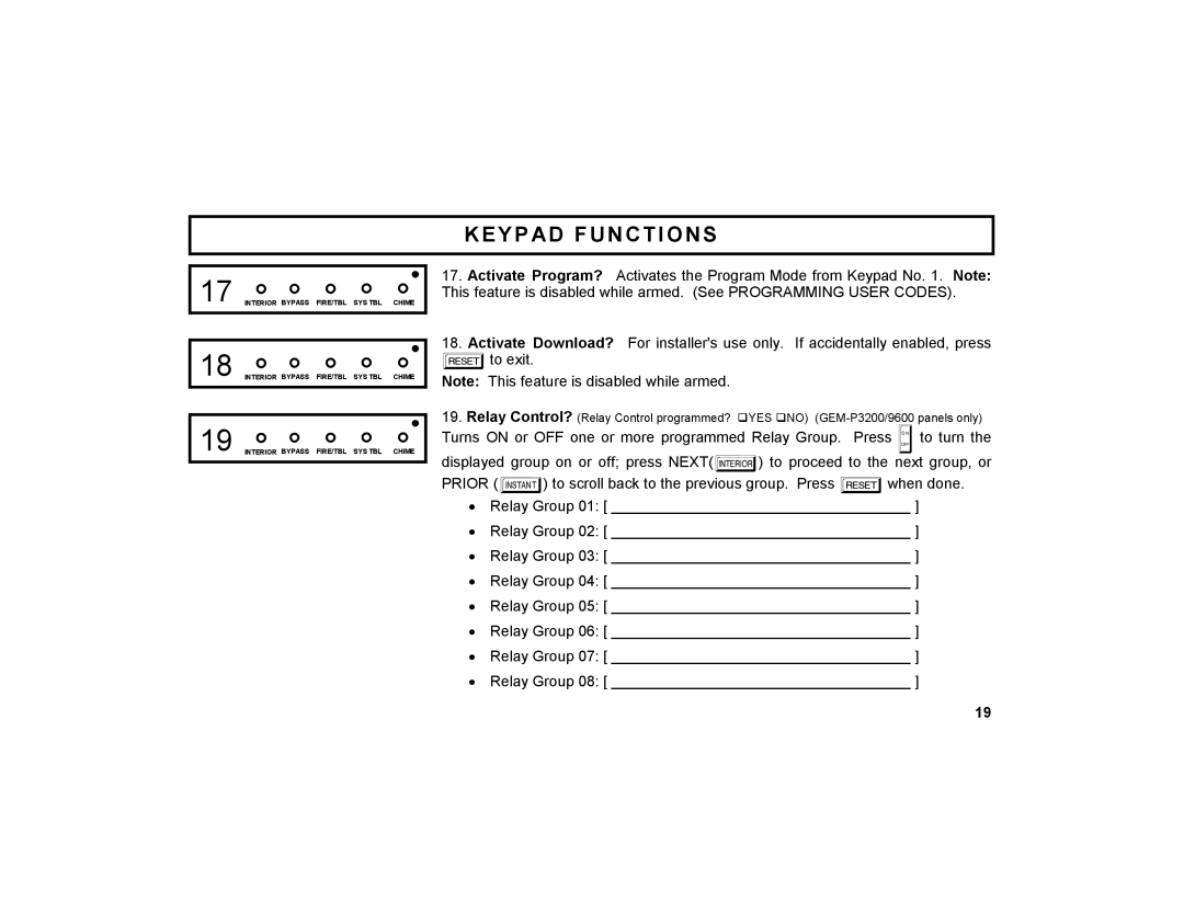 Napco Security Technologies GEM-DXRP3 manual Keypad Functions 