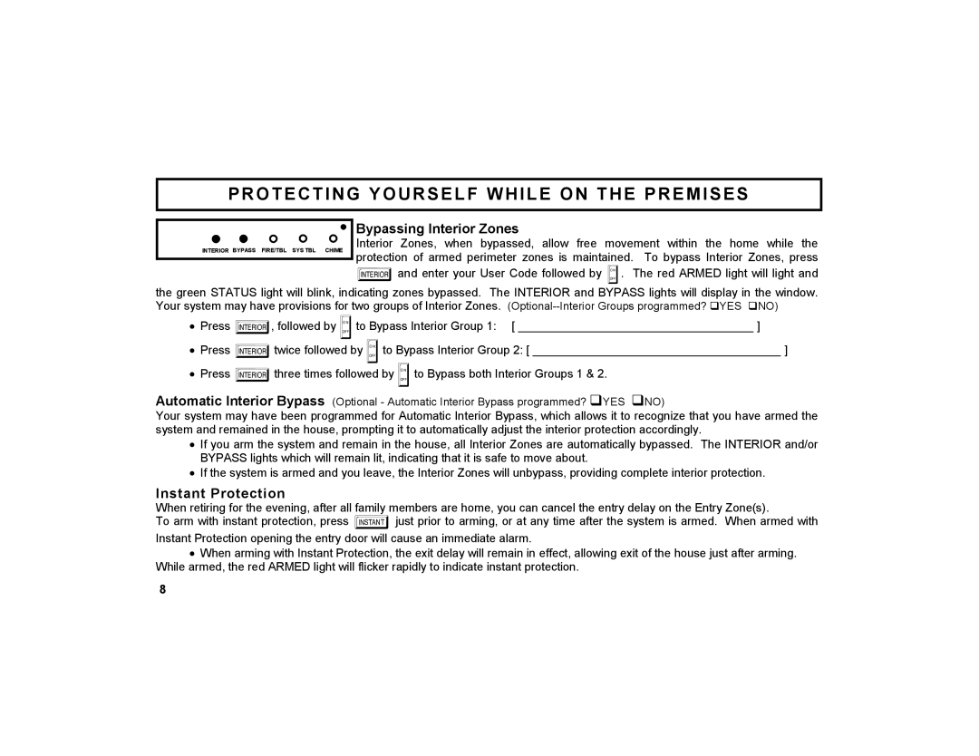 Napco Security Technologies GEM-DXRP3 manual Protecting Yourself While on the Premises, Bypassing Interior Zones 