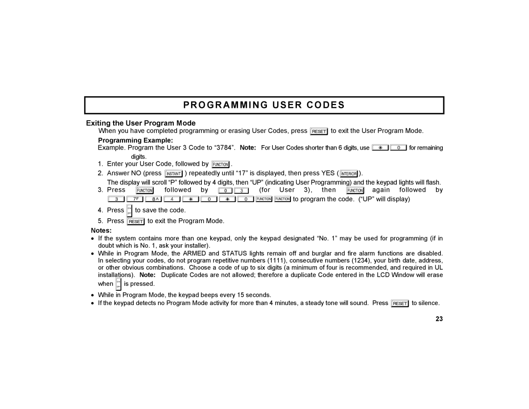 Napco Security Technologies GEM-DXRP3 manual Exiting the User Program Mode, Programming User Codes, Programming Example 
