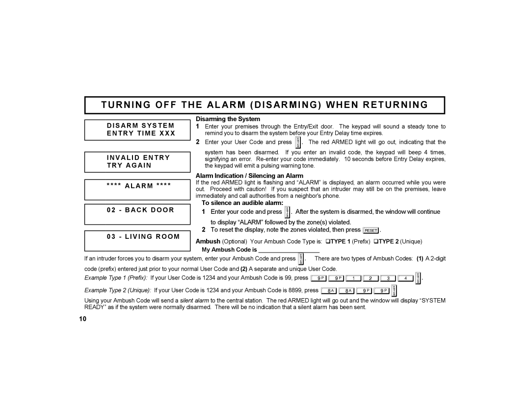 Napco Security Technologies GEM-K1CA manual Turning OFF the AL ARM Disarming When Returning, Al Ar M 