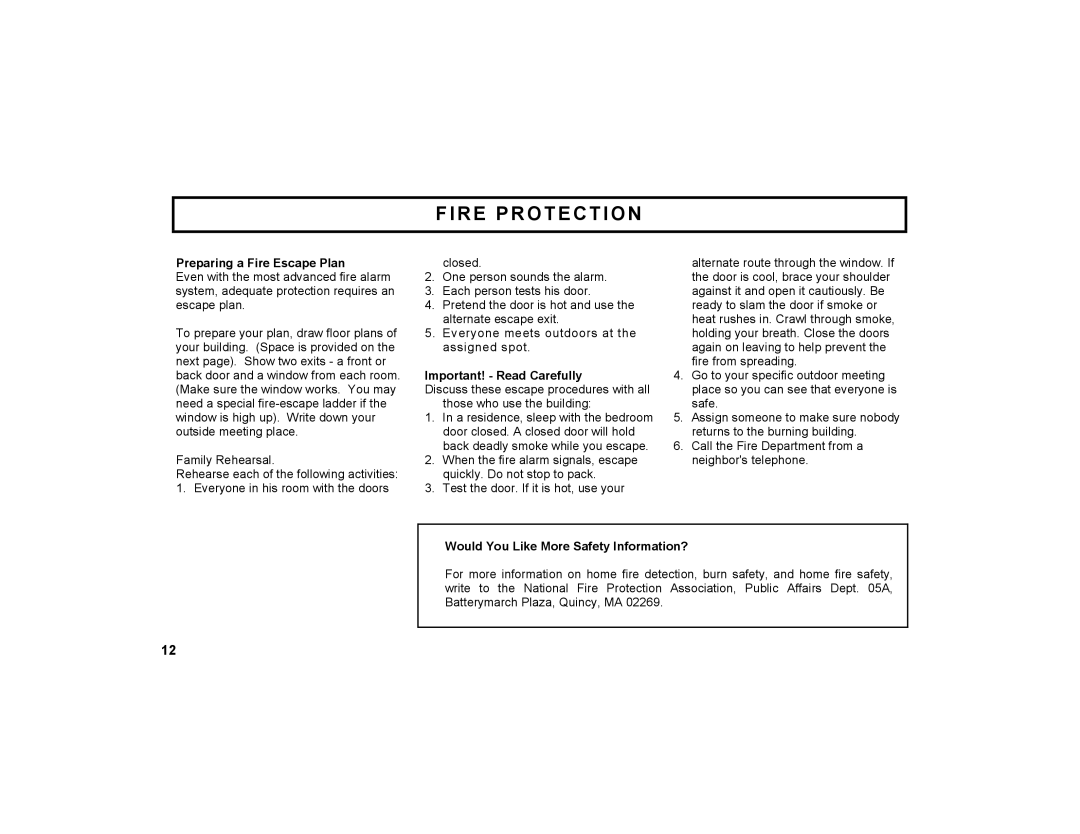 Napco Security Technologies GEM-K1CA manual Preparing a Fire Escape Plan, Important! Read Carefully 