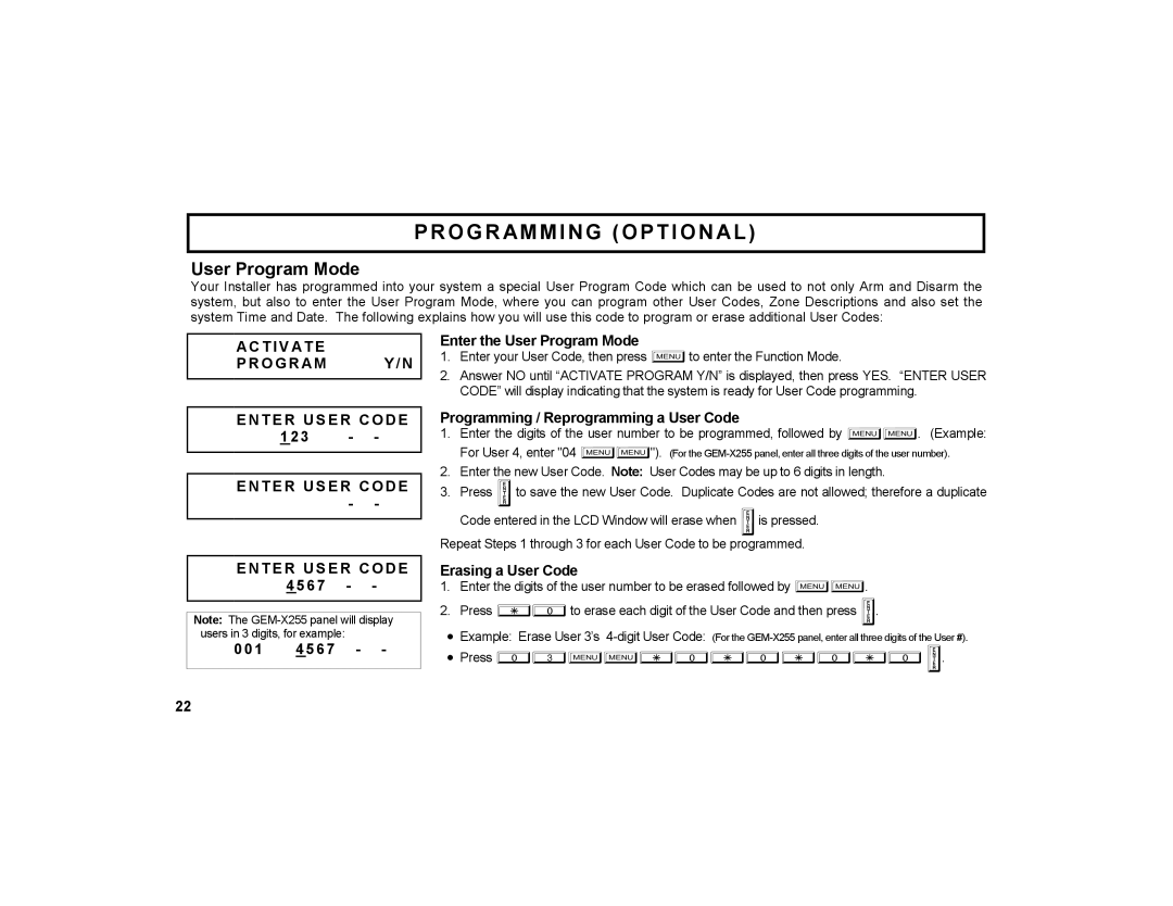 Napco Security Technologies GEM-K1CA manual Programming Optional, AC TI V ATE O GR AM EN TE R User Code 