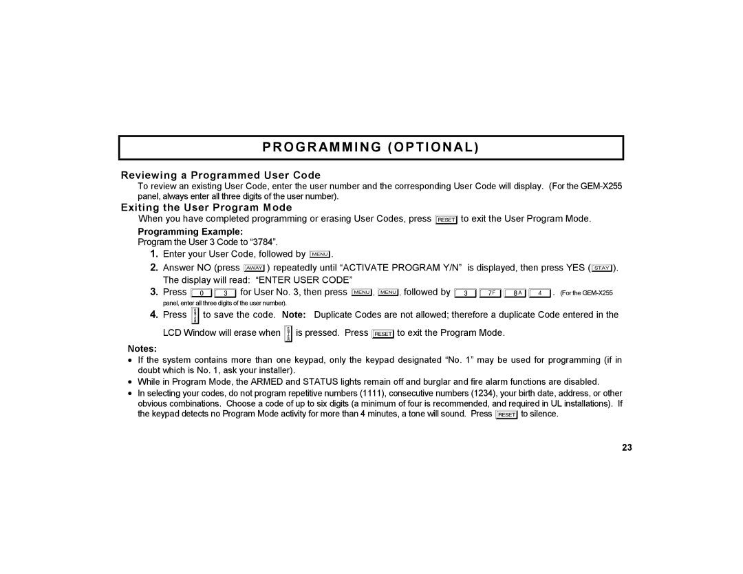 Napco Security Technologies GEM-K1CA manual Reviewing a Programmed User Code, Exiting the User Program Mode 