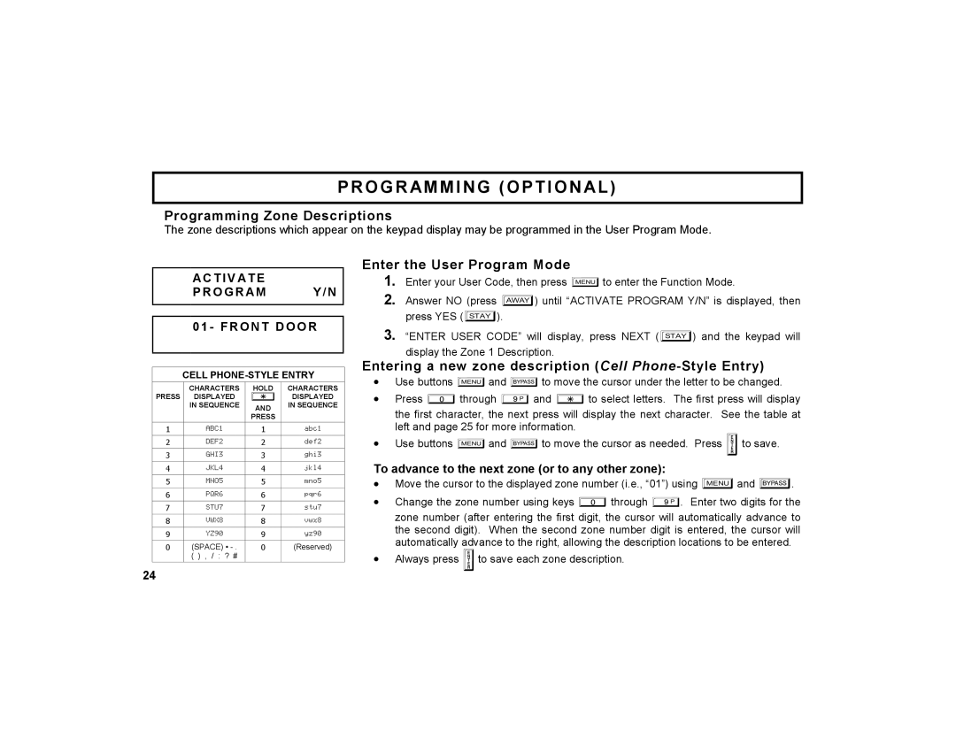 Napco Security Technologies GEM-K1CA Programming Zone Descriptions, Enter the User Program Mode, Ac Ti V Ate O Gr Am Y/N 