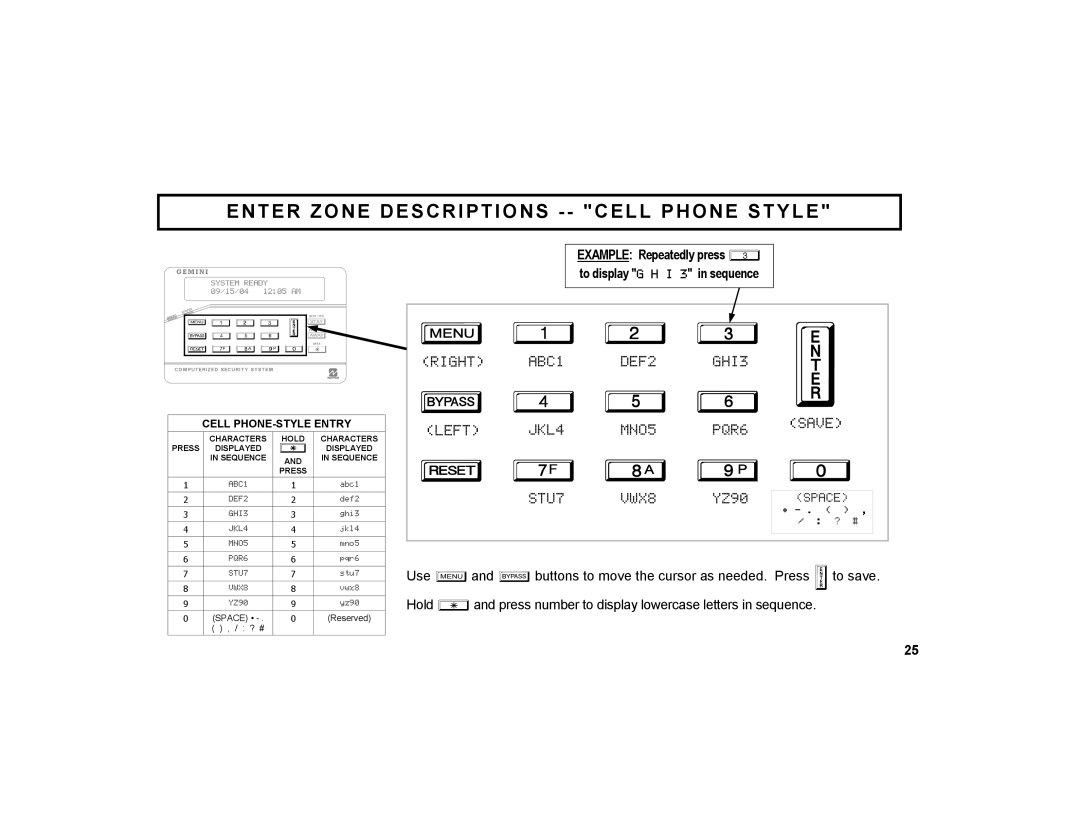 Napco Security Technologies GEM-K1CA manual Enter Zone Descriptions -- Cell Phone Style 