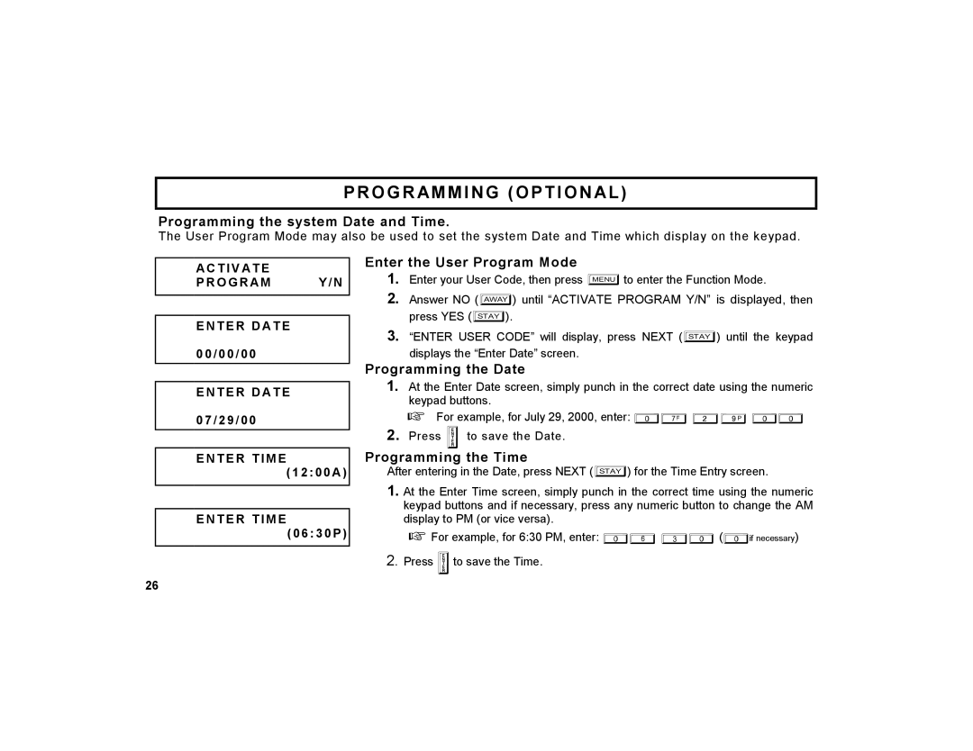 Napco Security Technologies GEM-K1CA Programming the system Date and Time, Programming the Date, Programming the Time 