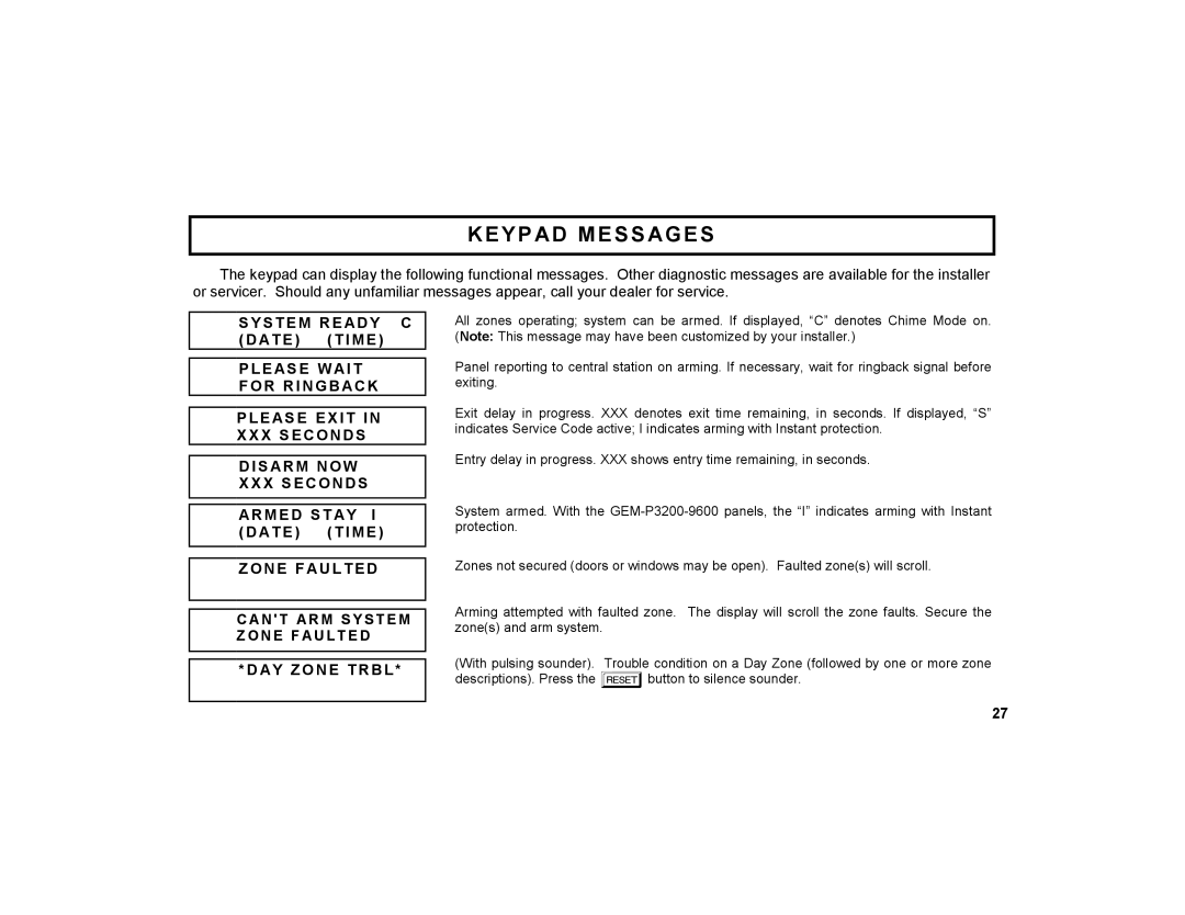 Napco Security Technologies GEM-K1CA manual Keypad Messages, Arm E D S T Ay I D Ate Ti Me 