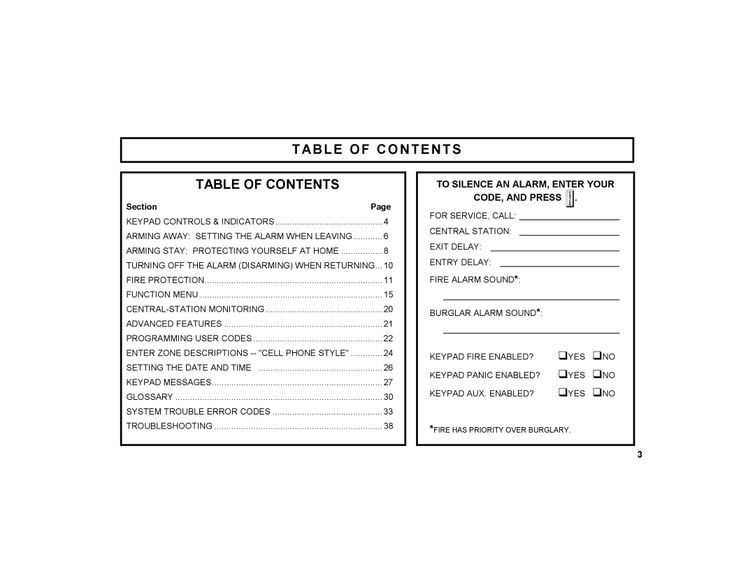 Napco Security Technologies GEM-K1CA manual Table of Contents 