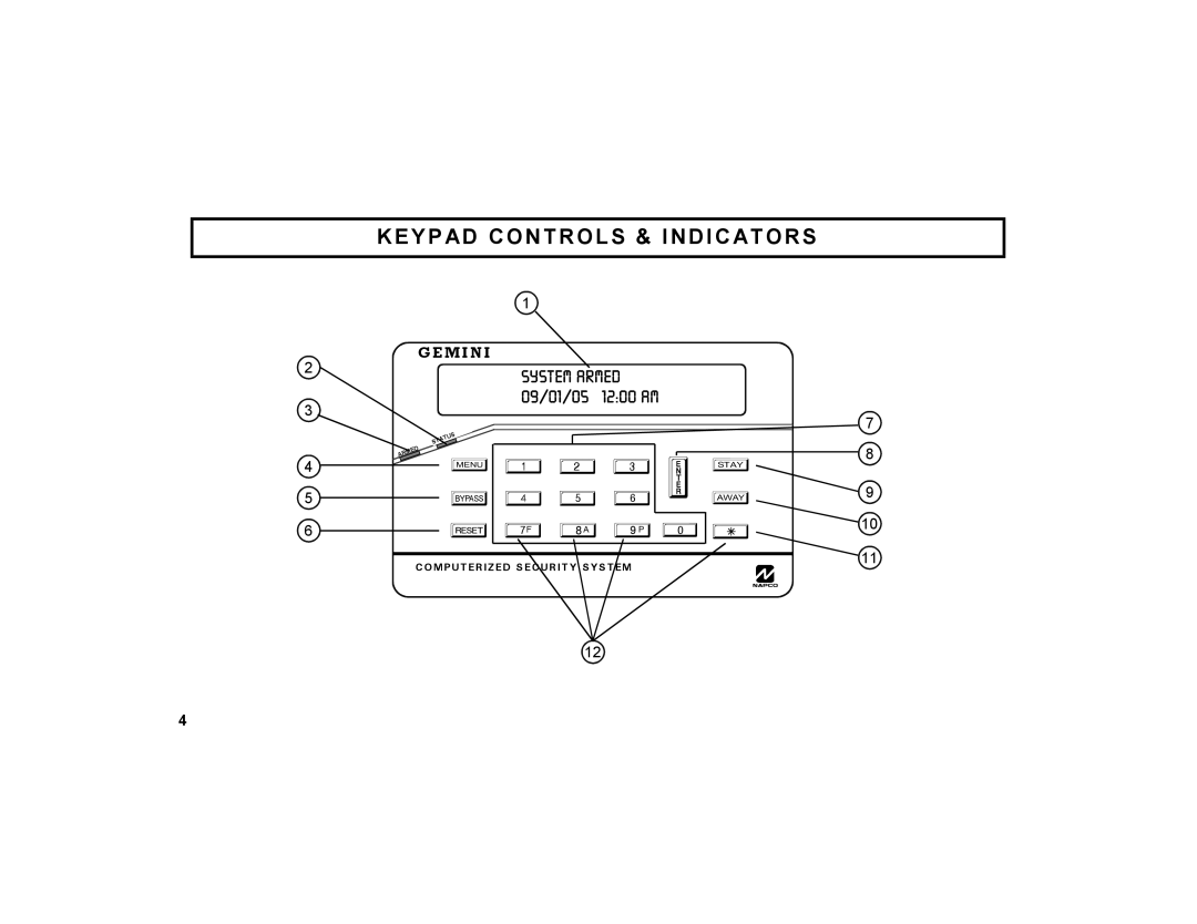 Napco Security Technologies GEM-K1CA manual Keypad Controls & Indicators 