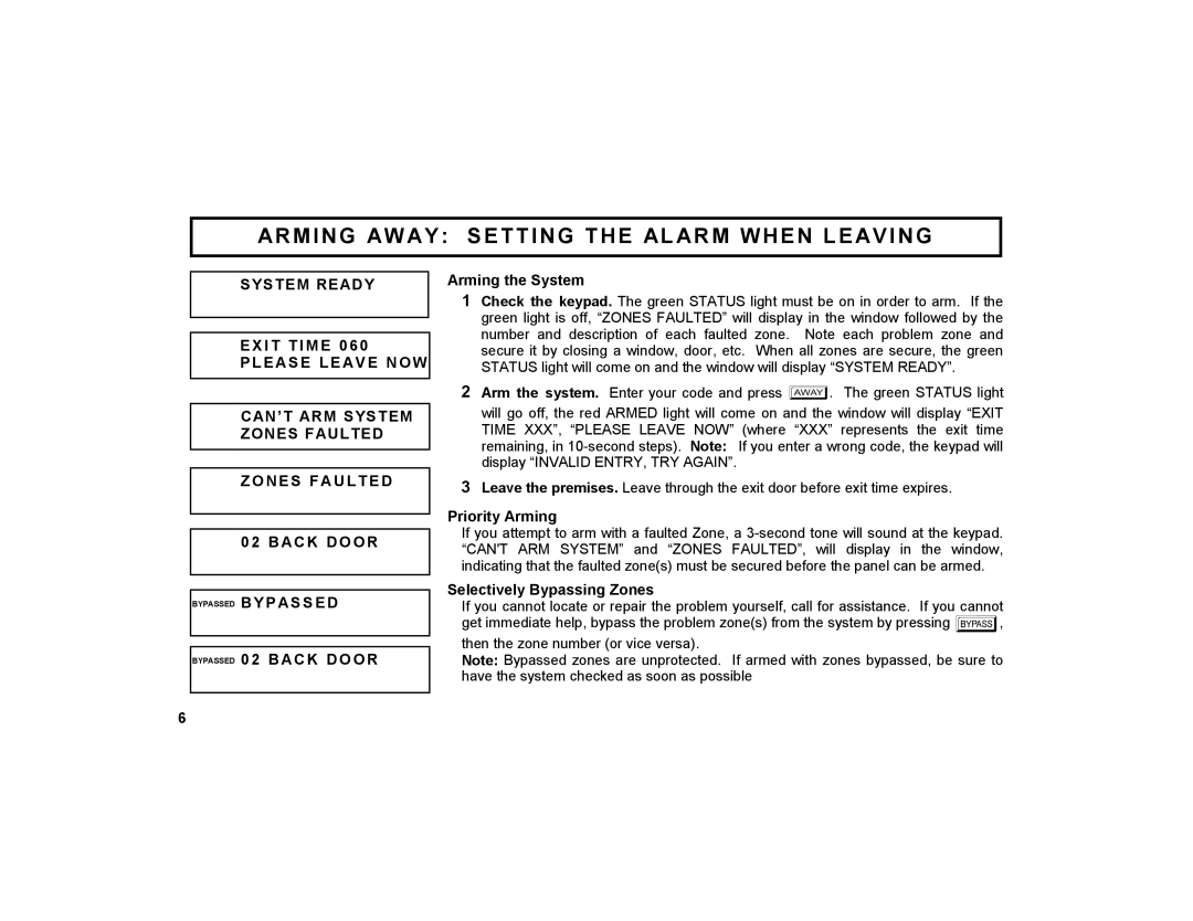 Napco Security Technologies GEM-K1CA manual Arming AW AY Setting the Alarm When Leaving, System Ready 