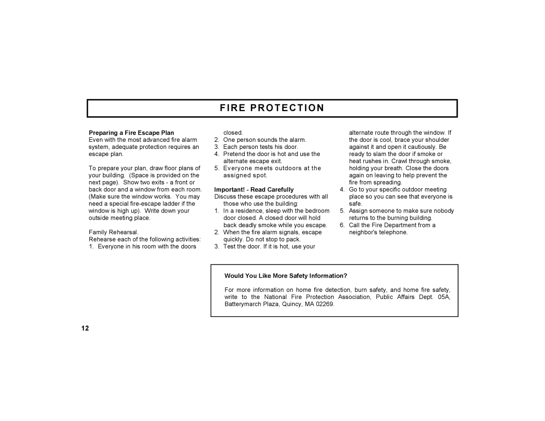 Napco Security Technologies GEM-K1CA manual Fire Protection, Preparing a Fire Escape Plan, Important! - Read Carefully 