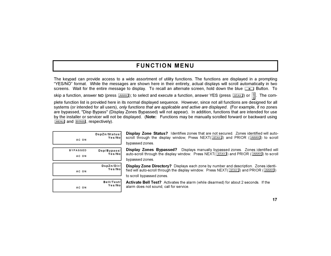 Napco Security Technologies GEM-K2AS manual Function Menu 