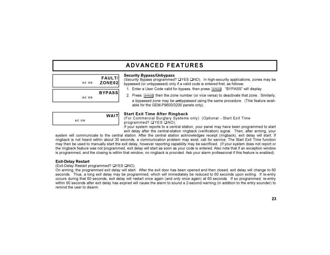 Napco Security Technologies GEM-K2AS manual Advanced Features, ZONE02, Bypass, Wait 