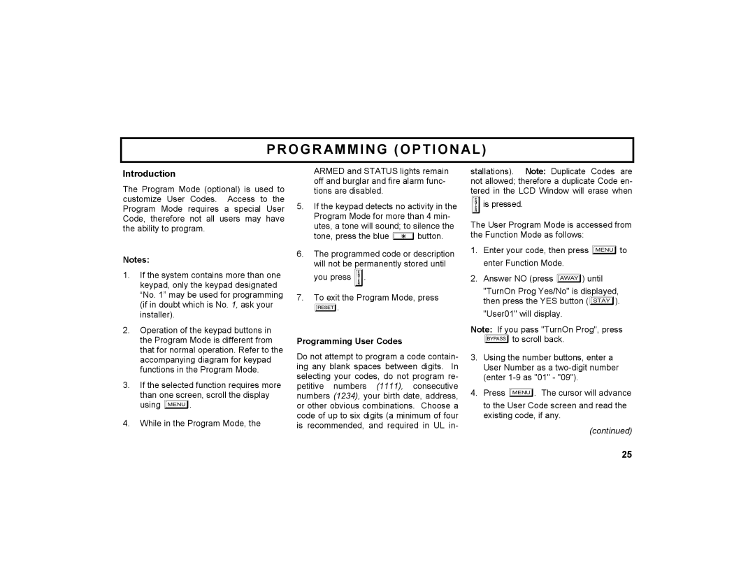 Napco Security Technologies GEM-K2AS manual Programming Optional, Introduction, Programming User Codes 